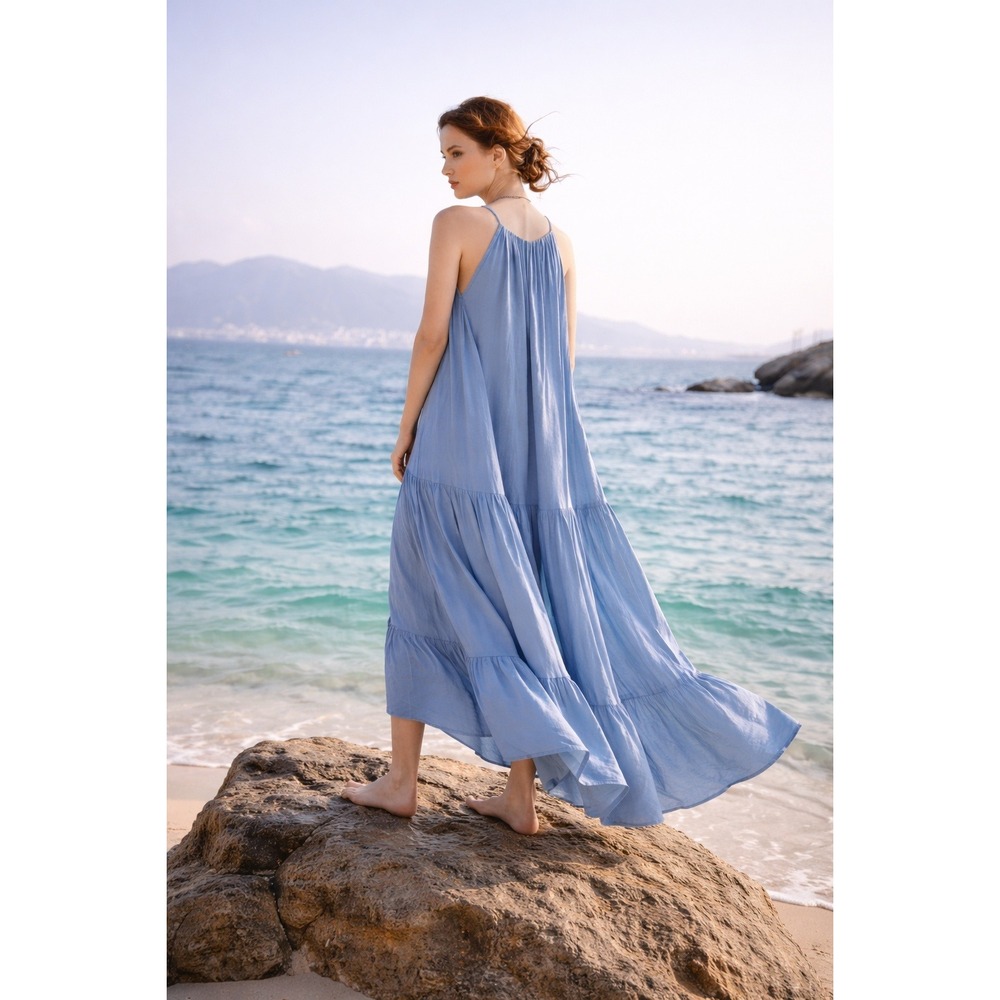 Lela Silk Organic Cotton Maxi Trapeze Dress One Size Blue Lagenlook Boho Tiered